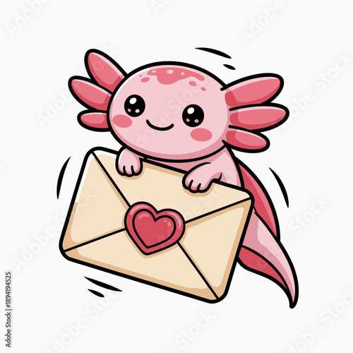 A charming axolotl is holding an envelope with a heart symbol