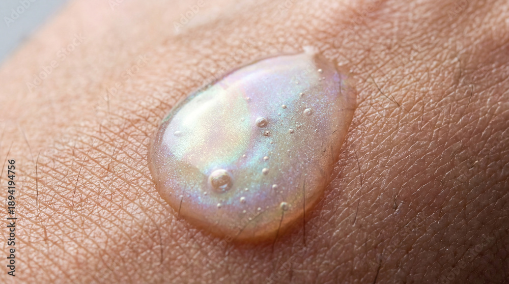 Fototapeta premium Extreme macro close-up of viscous skincare serum drop with bubbles on human skin texture.