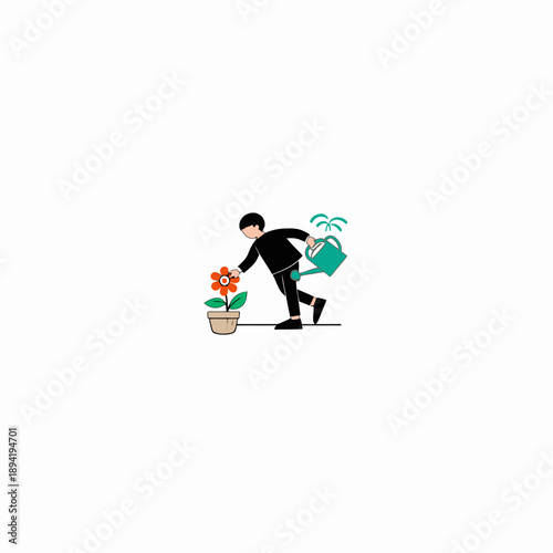 Illustration of a person diligently watering a vibrant flower in a pot, emphasizing care and nurturing through simple gardening actions