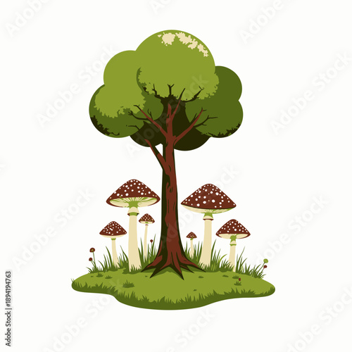 Illustrated Scene with Lush Tree and Vibrant Red Mushrooms Amidst Verdant Grassy Landscape on a White Background