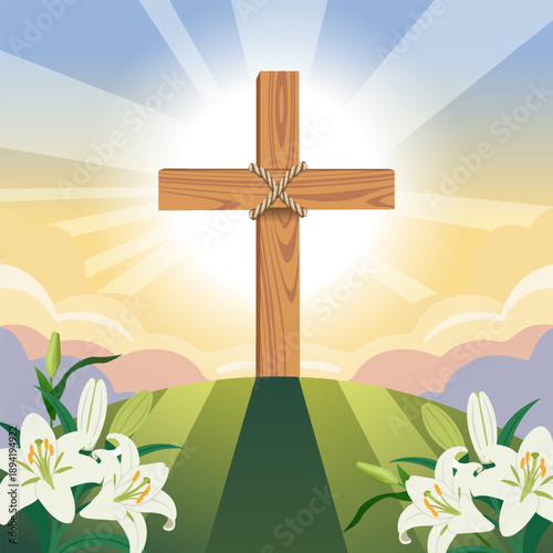 Wooden Christian Cross on Hill with White Easter Lilies and Sunrise Rays