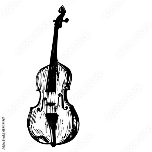 Hand-drawn double bass sketchbook illustration with black ink pen strokes, textured lines on a white background, for music instrument and art projects