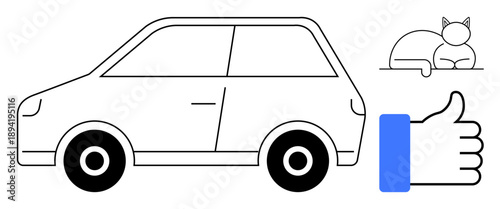 Transportation concept. A minimalist car design showing vehicle basics, a relaxed cat, and a thumbs-up symbol. Transportation, travel illustrations, automotive branding, pet-related designs, minimal