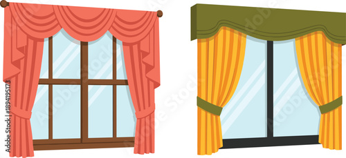 Elegant window curtains set with classic drapes and valance, red and yellow home interior decoration elements in flat vector style