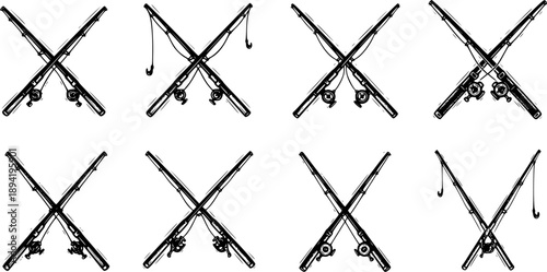 Detailed woodcut illustration of crossed fishing rods on a white