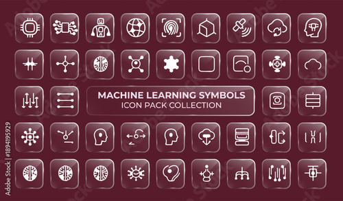 Machine Learning and Artificial Intelligence Line Icon Collection on Burgundy Background