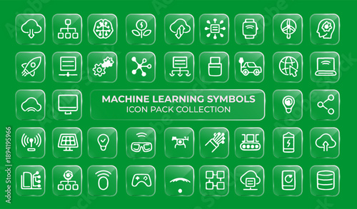 Machine Learning and Artificial Intelligence Line Icon Set on Green Background