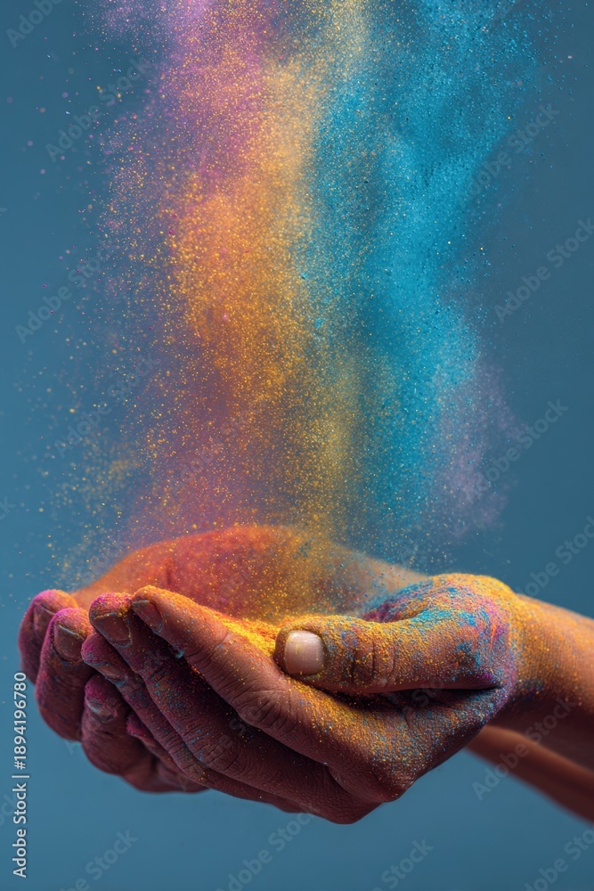 Fototapeta premium Colorful holi celebration with vibrant powder in hands against blue background