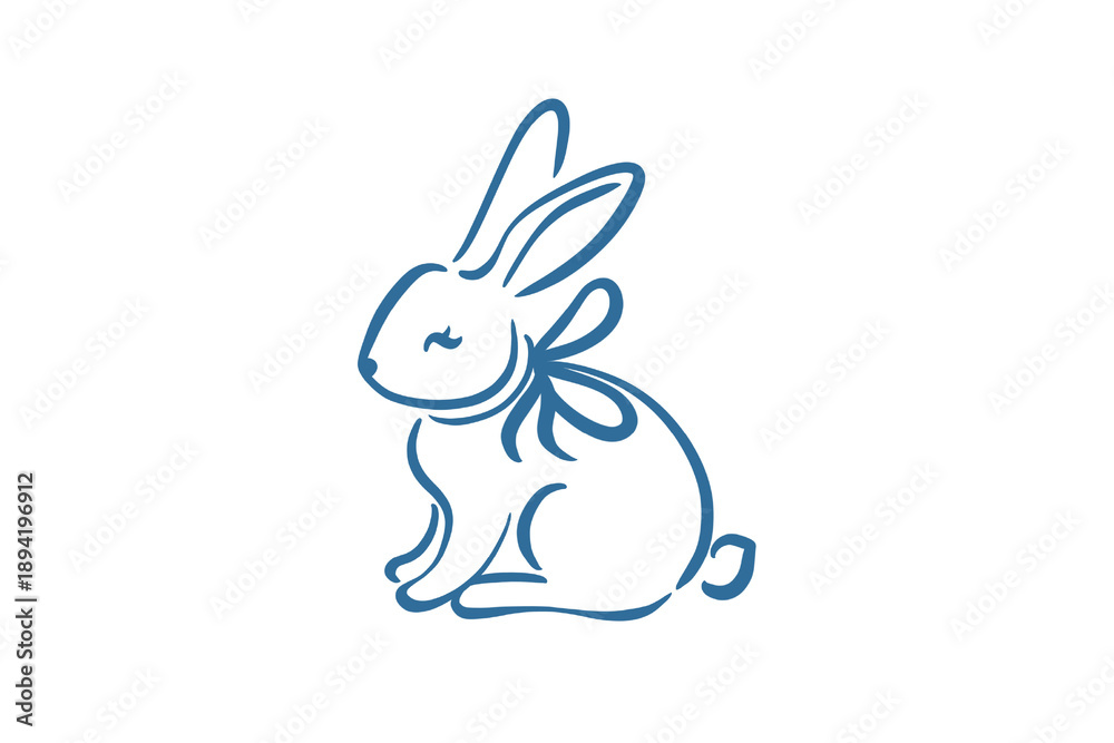 Fototapeta premium Spring charming blue line art illustration of a cute bunny rabbit with a bow, perfect for easter or spring themes isolated on transparent background
