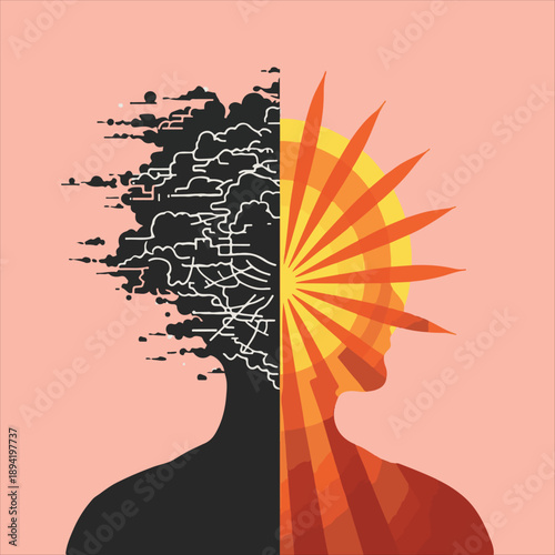 Mental health concept showing stress and clarity in human brain silhouette.

Dual personality vector illustration with dark anxiety and bright sun rays.

Human head profile split between depression an