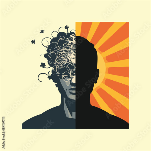 Mental health concept showing stress and clarity in human brain silhouette.

Dual personality vector illustration with dark anxiety and bright sun rays.

Human head profile split between depression an