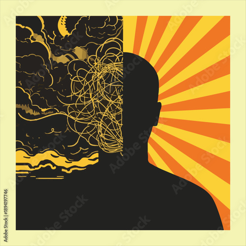 Mental health concept showing stress and clarity in human brain silhouette.

Dual personality vector illustration with dark anxiety and bright sun rays.

Human head profile split between depression an