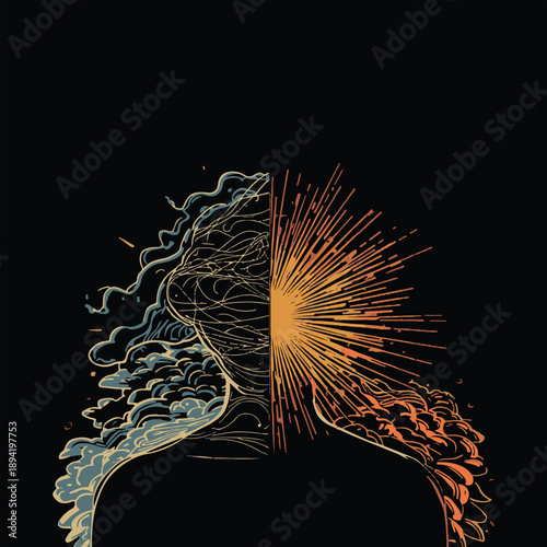 Mental health concept showing stress and clarity in human brain silhouette.

Dual personality vector illustration with dark anxiety and bright sun rays.

Human head profile split between depression an