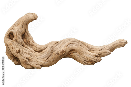 Weathered driftwood piece with natural texture, showing organic twisted shape, isolated on transparent background