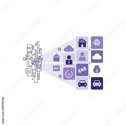 Various icons radiate outward from a central point in a purple gradient.