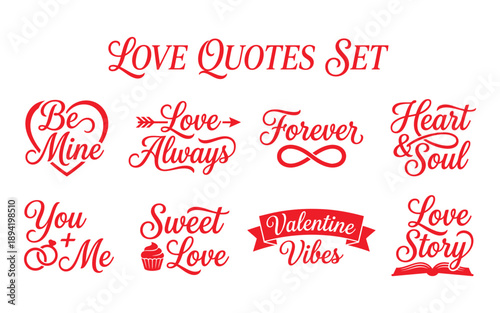 Stylish set of love quotes and romantic messages in elegant calligraphic script for design projects