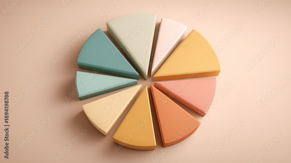 Fototapeta premium Colorful geometric shapes arranged in a circle on a light background showing different sections clearly