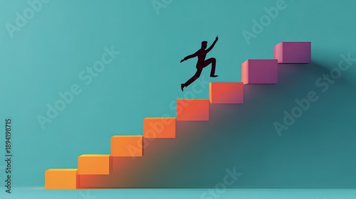 Person climbs colorful stairs showing progress in personal growth and achievement towards a goal in a bright setting