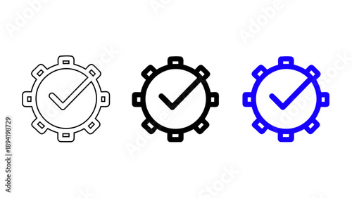 Gear with checkmark icon in outline black solid and blue styles representing system update success maintenance completed and settings approval