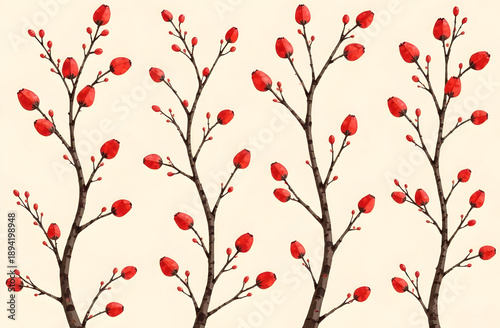 Watercolor Rose Hip Branches on Light Background