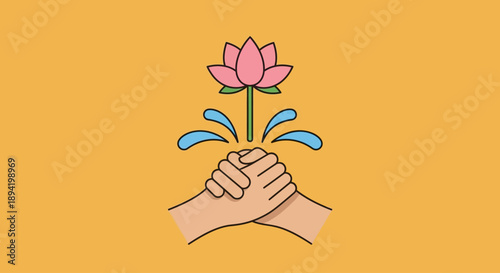 Hands nurturing a blooming pink lotus flower with water droplets