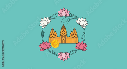 Vibrant illustration of Angkor Wat temple with lotus flowers