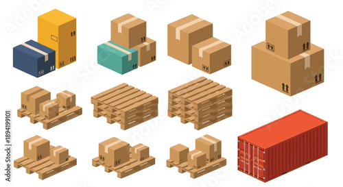 Isometric view of cardboard boxes pallets and a shipping container