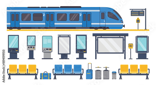 Illustration of a modern high speed train and associated station elements
