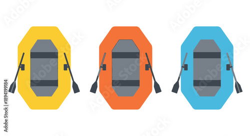 Three colorful inflatable rafts with paddles viewed from above