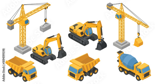 Isometric construction equipment set including cranes excavators and trucks