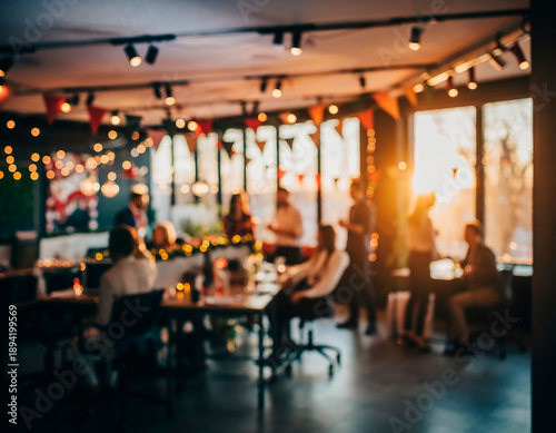 Soft focus office party decor with glowing lights creating festive atmosphere. Abstract corporate celebration background ideal for business events, holiday greetings and professional social concepts.