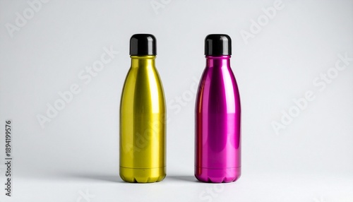 Wallpaper Mural Two metallic bottles side by side on light background, one yellow-green and one magenta, both glossy with black caps. Torontodigital.ca