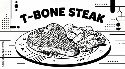 T bone steak accompanied by roasted vegetables and seasoning toppings black and white vector illustration, ideal for restaurant advertising and culinary packaging visuals