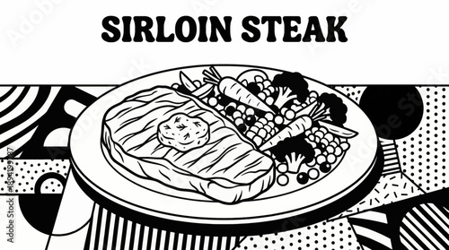 sirloin steak topped with herb butter and served with mixed vegetables, designed for premium menu visuals and culinary branding black and white vector illustration