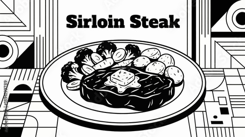 sirloin steak topped with herb butter and served with mixed vegetables, designed for premium menu visuals and culinary branding black and white vector illustration