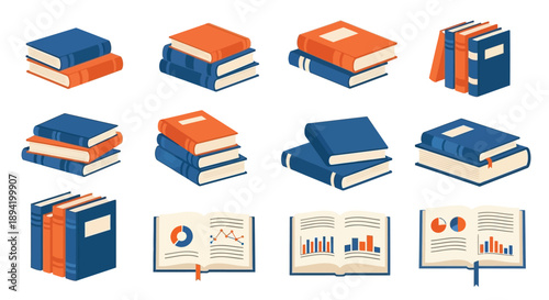 Isometric stacks of books and open books with charts and graphics