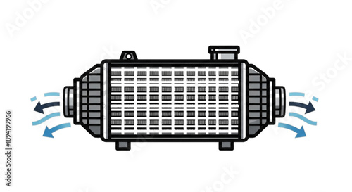 Car intercooler with airflow arrows, illustration of engine cooling isolated on white