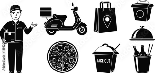 Food delivery service vector icons set, courier, scooter, pizza, takeout packaging, restaurant order, online shopping, fast food logistics illustration