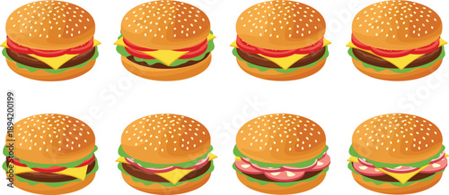 Hamburger and cheeseburger vector set, fast food illustration collection, tasty burgers with cheese, lettuce, tomato, restaurant menu design