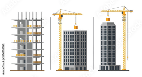 Construction site showing building phases from skeleton to completion