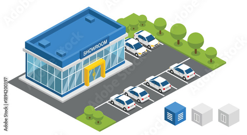 Isometric illustration of a blue car showroom with parked vehicles