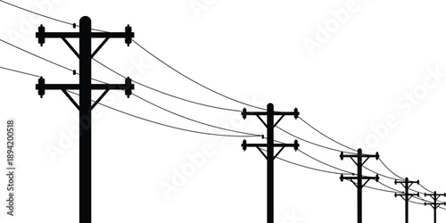 A receding line of black silhouette utility poles with wires against a white background Keywords: utility pole, power pole, electricity pole, telephone pole, infrastructure, electricity
