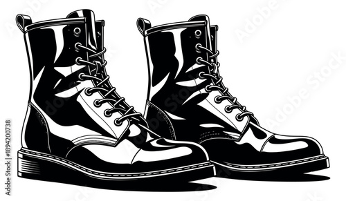 Black and white line art combat boots set featuring military style laced footwear for urban fashion and outdoor wear
