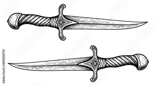 Engraving style dagger set featuring two ornate daggers for medieval fantasy design