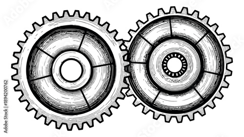 Hand drawn line art illustration of interlocking gears depicting connection for engineering and business concepts