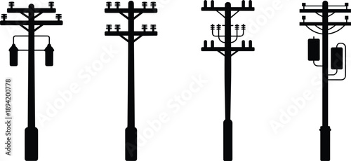 A set of four black silhouette utility poles with different designs of crossarms and insulators power line