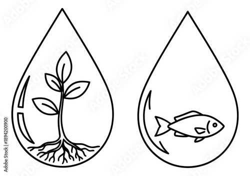 Hand drawn line art icons set featuring a plant and a fish in water drops for environmental concepts