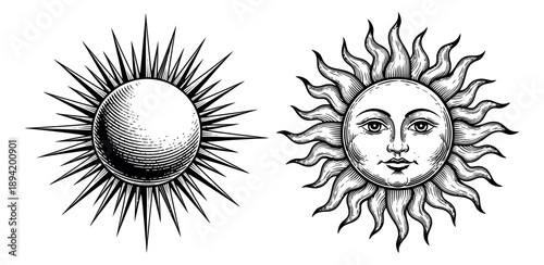Hand drawn line art sun set featuring an engraved sun and a celestial sun with a face for mystical designs