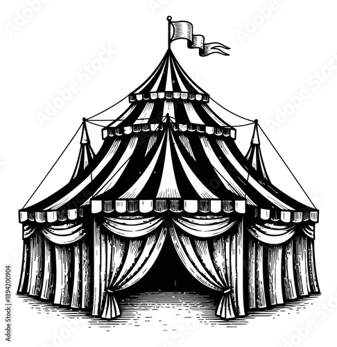 Hand drawn line art illustration of a circus tent depicting a classic striped design for a fair