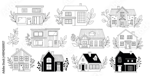 Hand drawn house set featuring diverse architectural styles and botanical elements for residential design